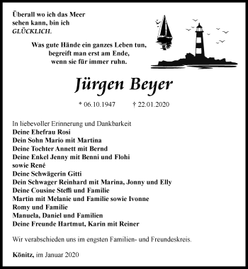 Traueranzeige von Jürgen Beyer von Ostthüringer Zeitung