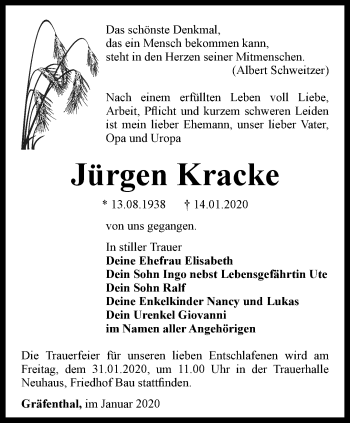 Traueranzeige von Jürgen Kracke von Ostthüringer Zeitung
