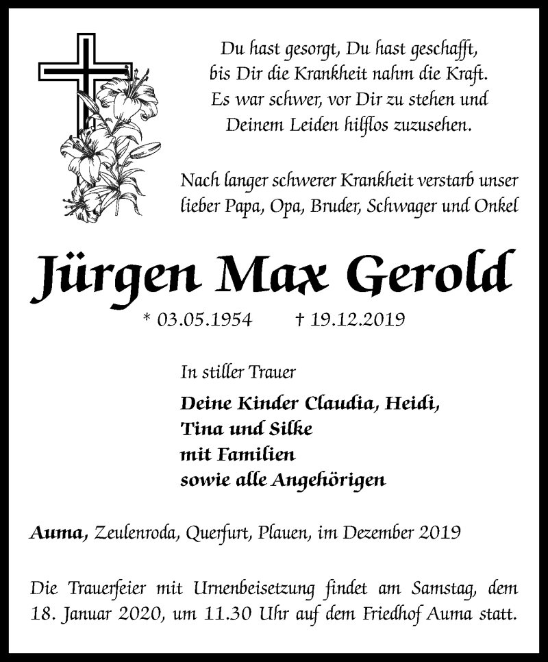  Traueranzeige für Jürgen Max Gerold vom 11.01.2020 aus Ostthüringer Zeitung