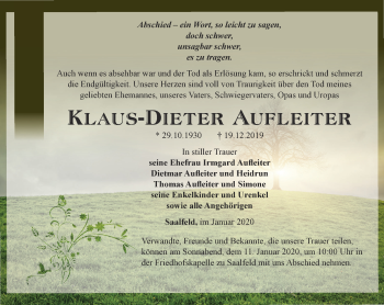 Traueranzeige von KLaus-Dieter Aufleiter von Ostthüringer Zeitung