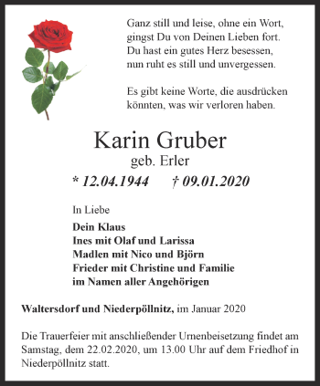 Traueranzeige von Karin Gruber von Ostthüringer Zeitung