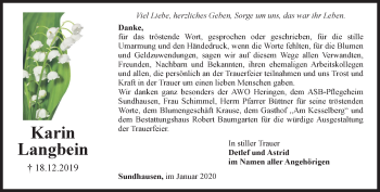 Traueranzeige von Karin Langbein von Thüringer Allgemeine