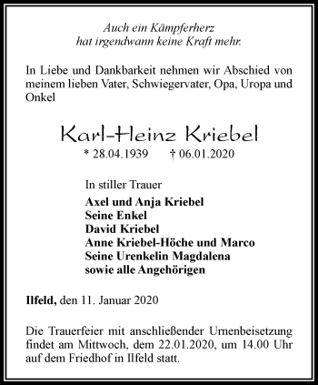 Traueranzeige von Karl-Heinz Kriebel von Thüringer Allgemeine