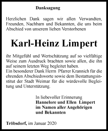 Traueranzeige von Karl-Heinz Limpert von Thüringer Allgemeine, Thüringische Landeszeitung
