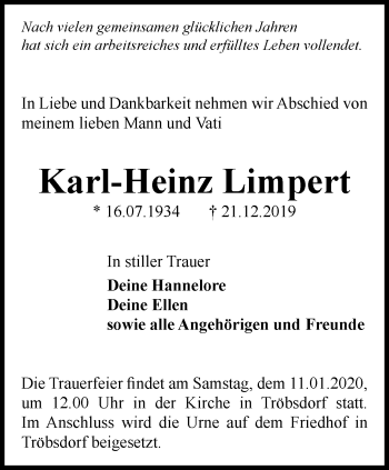 Traueranzeige von Karl-Heinz Limpert von Thüringer Allgemeine, Thüringische Landeszeitung