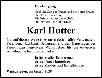 Traueranzeige von Karl Hutter von Thüringer Allgemeine, Thüringische Landeszeitung