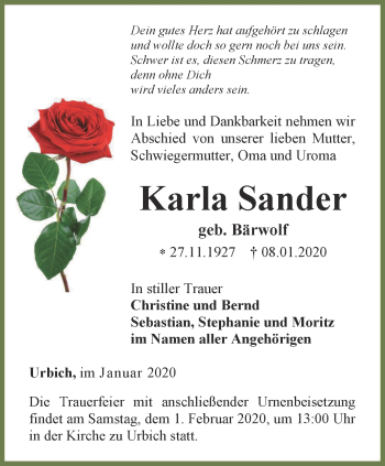 Traueranzeige von Karla Sander von Thüringer Allgemeine, Thüringische Landeszeitung