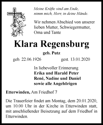Traueranzeige von Klara Regensburg von Thüringer Allgemeine, Thüringische Landeszeitung