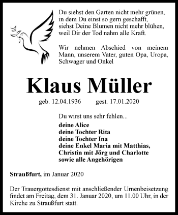 Traueranzeige von Klaus Müller von Thüringer Allgemeine