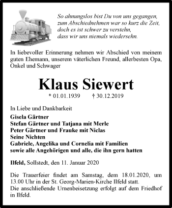 Traueranzeige von Klaus Siewert von Thüringer Allgemeine