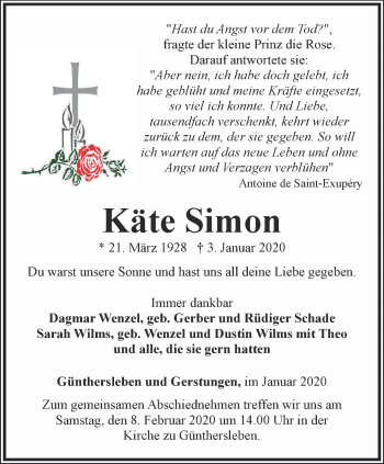 Traueranzeige von Käte Simon von Thüringer Allgemeine, Thüringische Landeszeitung