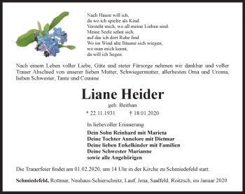 Traueranzeige von Liane Heider von Ostthüringer Zeitung