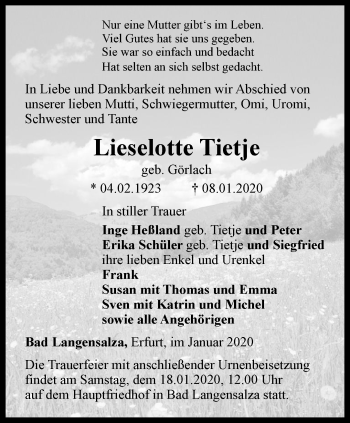 Traueranzeige von Lieselotte Tietje von Thüringer Allgemeine, Thüringische Landeszeitung