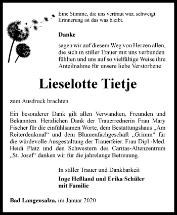 Traueranzeige von Lieselotte Tietje von Thüringer Allgemeine, Thüringische Landeszeitung