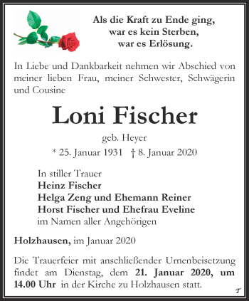 Traueranzeige von Loni Fischer von Thüringer Allgemeine