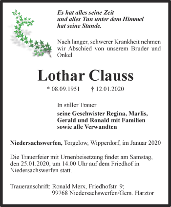 Traueranzeige von Lothar Clauss von Thüringer Allgemeine