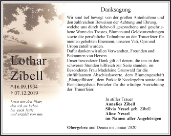 Traueranzeige von Lothar Zibell von Thüringer Allgemeine