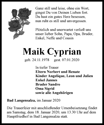 Traueranzeige von Maik Cyprian von Thüringer Allgemeine, Thüringische Landeszeitung