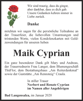 Traueranzeige von Maik Cyprian von Thüringer Allgemeine, Thüringische Landeszeitung