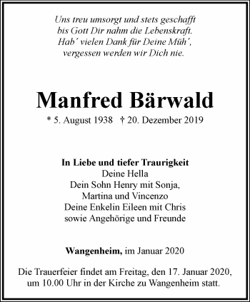 Traueranzeige von Manfred Bärwald von Ostthüringer Zeitung, Thüringische Landeszeitung