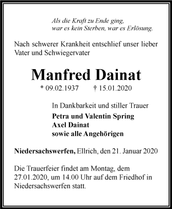 Traueranzeige von Manfred Dainat von Thüringer Allgemeine