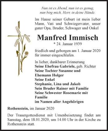 Traueranzeige von Manfred Immisch von Ostthüringer Zeitung, Thüringische Landeszeitung