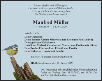 Traueranzeige von Manfred Müller von Thüringer Allgemeine