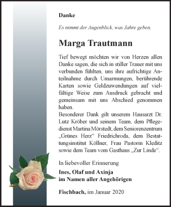 Traueranzeige von Marga Trautmann von Ostthüringer Zeitung, Thüringische Landeszeitung