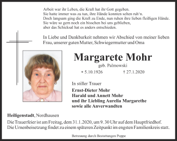 Traueranzeige von Margarete Mohr von Thüringer Allgemeine