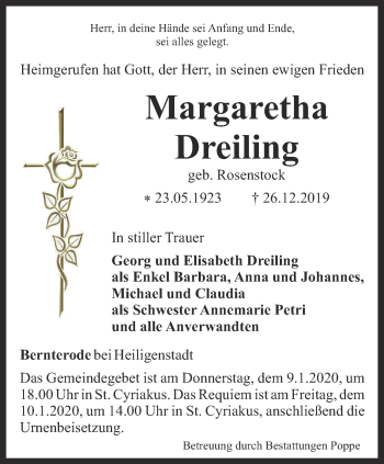 Traueranzeige von Margaretha Dreiling von Thüringer Allgemeine