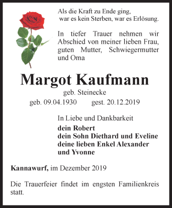 Traueranzeige von Margot Kaufmann von Thüringer Allgemeine