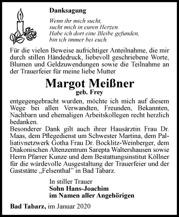 Traueranzeige von Margot Meißner von Ostthüringer Zeitung, Thüringische Landeszeitung