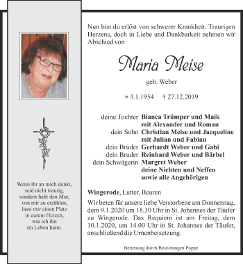 Traueranzeige von Maria Meise von Thüringer Allgemeine