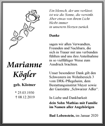 Traueranzeige von Marianne Kögler von Ostthüringer Zeitung