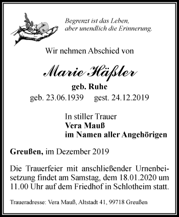 Traueranzeige von Marie Häßler von Thüringer Allgemeine