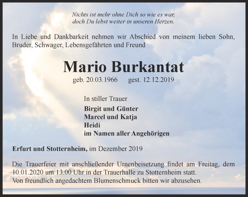  Traueranzeige für Mario Burkantat vom 04.01.2020 aus Thüringer Allgemeine, Thüringische Landeszeitung