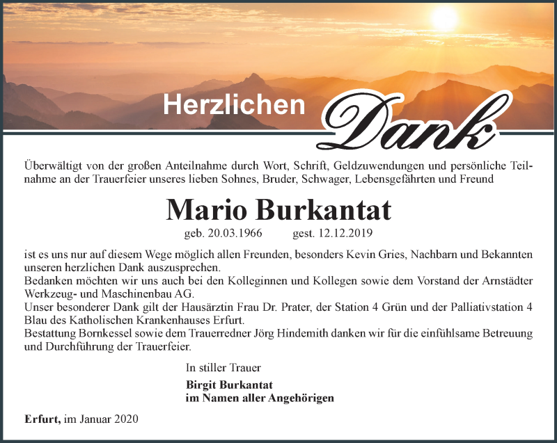  Traueranzeige für Mario Burkantat vom 18.01.2020 aus Thüringer Allgemeine, Thüringische Landeszeitung