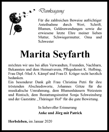 Traueranzeige von Marita Seyfarth von Thüringer Allgemeine, Thüringische Landeszeitung