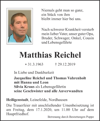 Traueranzeige von Matthias Reichel von Thüringer Allgemeine