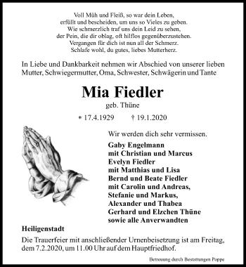 Traueranzeige von Mia Fiedler von Thüringer Allgemeine