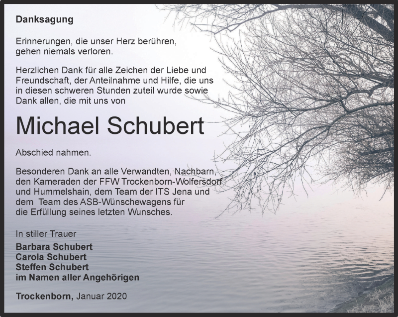  Traueranzeige für Michael Schubert vom 25.01.2020 aus Ostthüringer Zeitung