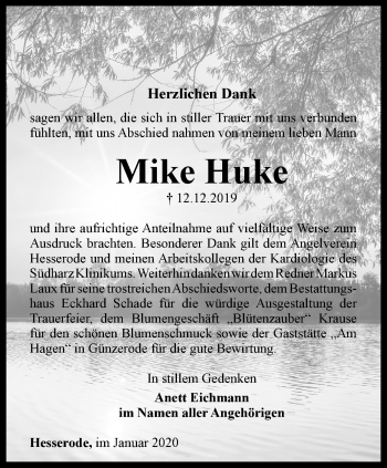 Traueranzeige von Mike Huke von Thüringer Allgemeine