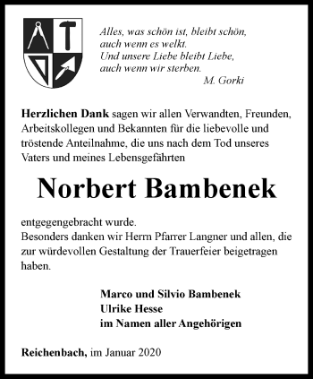 Traueranzeige von Norbert Bambenek von Ostthüringer Zeitung