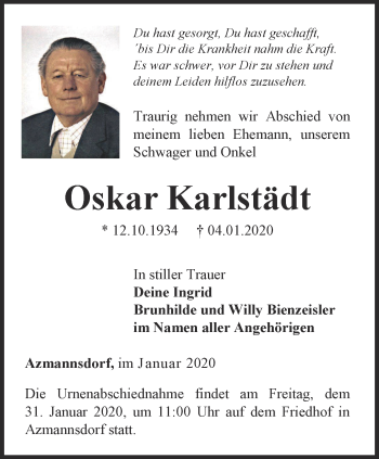 Traueranzeige von Oskar Karlstädt von Thüringer Allgemeine