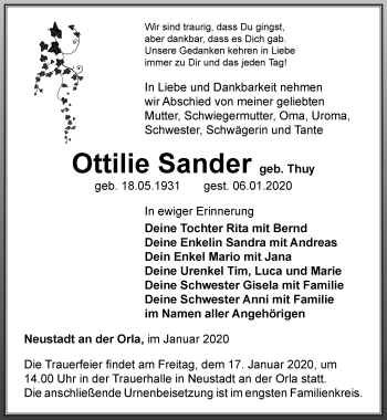 Traueranzeige von Ottilie Sander von Ostthüringer Zeitung