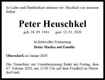 Traueranzeige von Peter Heuschkel von Ostthüringer Zeitung