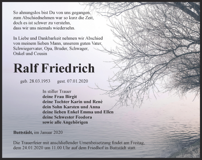  Traueranzeige für Ralf Friedrich vom 11.01.2020 aus Thüringer Allgemeine