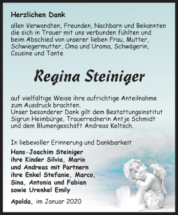 Traueranzeige von Regina Steiniger von Thüringer Allgemeine, Thüringische Landeszeitung