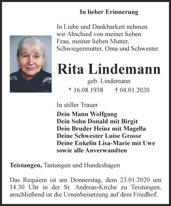 Traueranzeige von Rita Lindemann von Thüringer Allgemeine