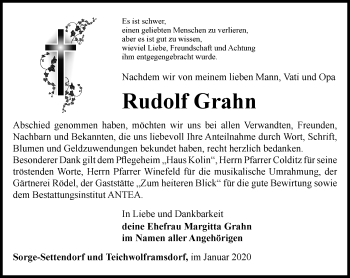 Traueranzeige von Rudolf Grahn von Ostthüringer Zeitung